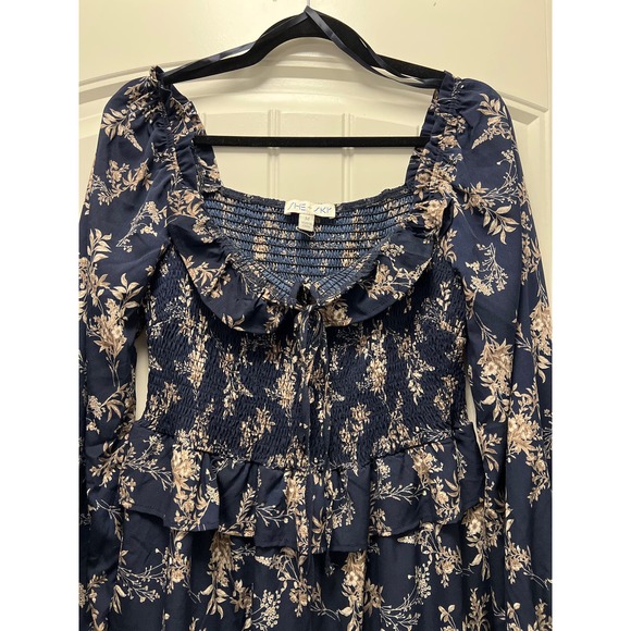 NWT She & Sky Women’s Off Shoulder Floral Ruffle Mini Dress Size M‎ Blue Brown - Picture 2 of 8